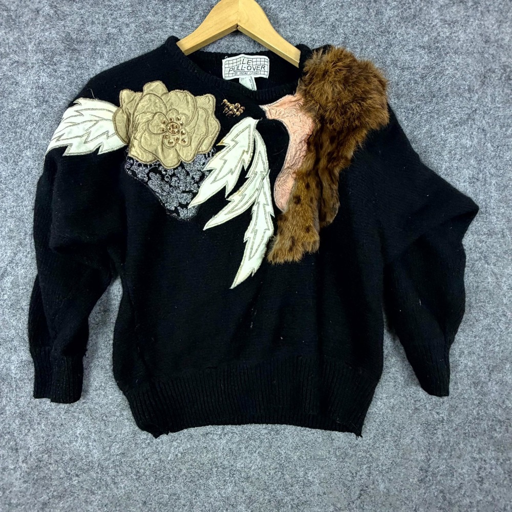 Irene Leung Sweater Womens Medium Black Vintage Silk Angora Floral Faux Fur Trim